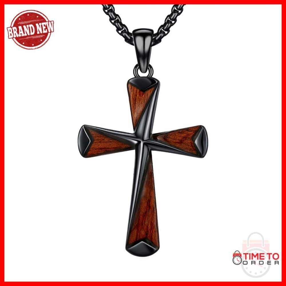 Sterling Silver Ebony Wood Cross Pendant Necklace for Men Adjustable Chain